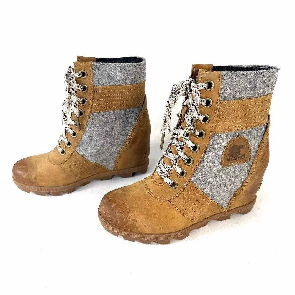 Sorel Lexie Wedge Boots Wool Felt Camel Leather NL3376-224 Women's Size 8.5